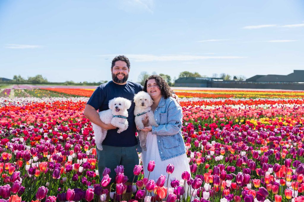 Family with dogs in pink tulip field Netherlands - family pet photography spring