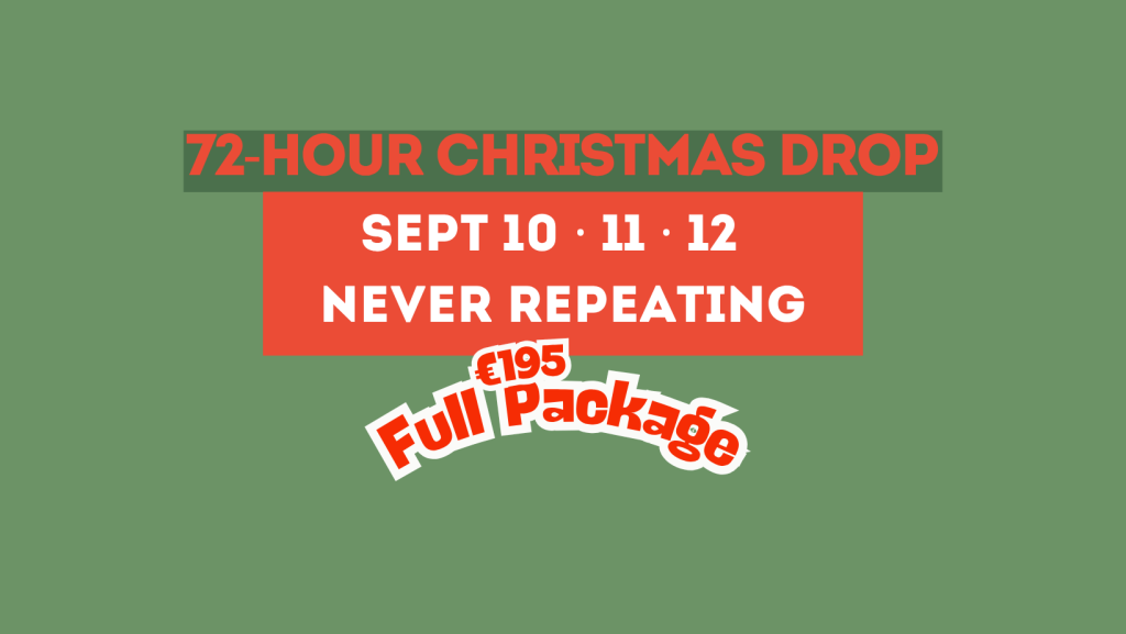 Christmas photography 72-hour presale graphic announcing €195 Full Package deal for September 10, 11, and 12