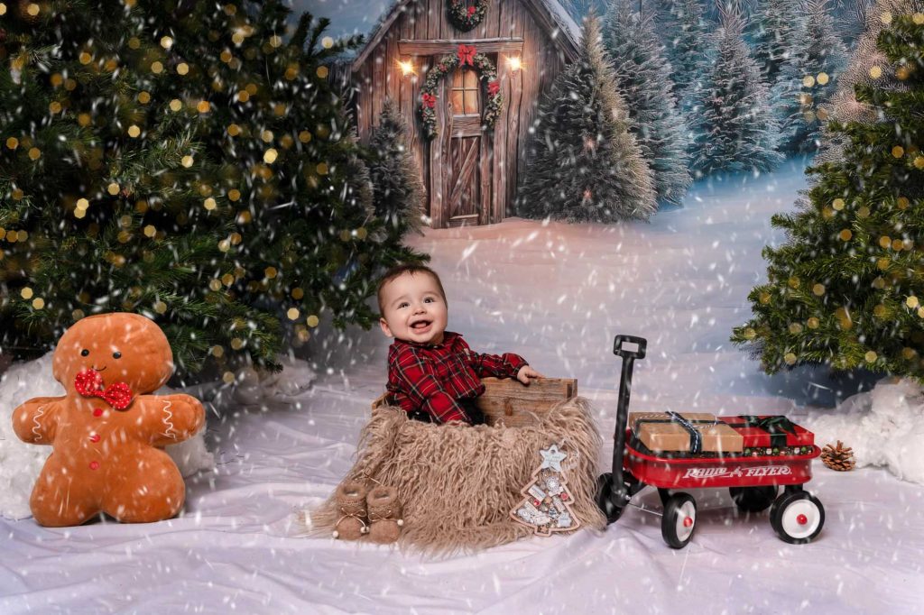 Baby boy sitting in a fur-lined crate next to a plush gingerbread man and a red wagon, snowy cabin Christmas backdrop